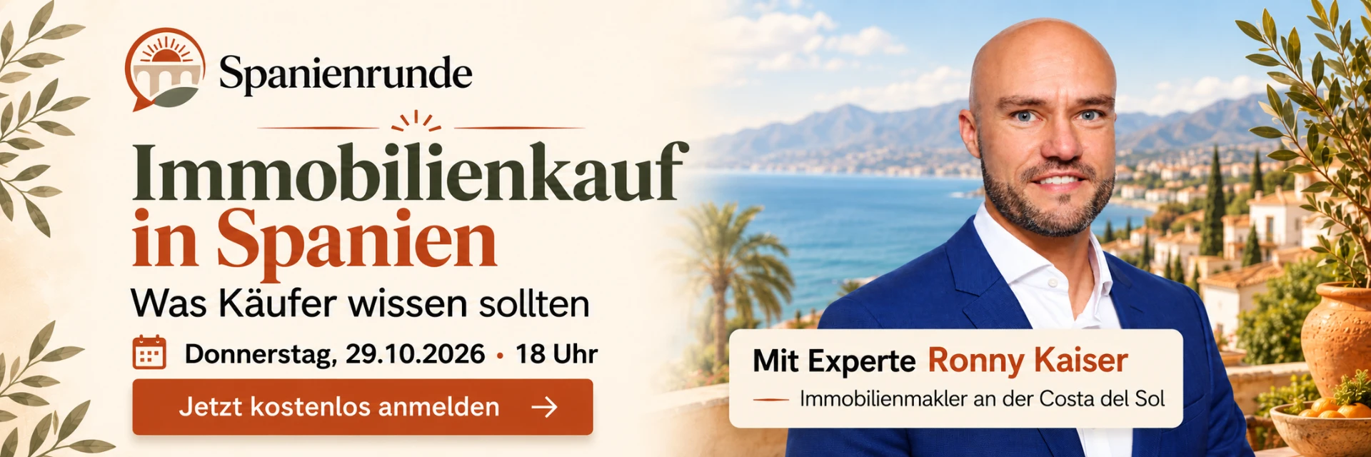 Spanienrunde zum Immobilienkauf in Spanien mit Ronny Kaiser am 29. Oktober 2026