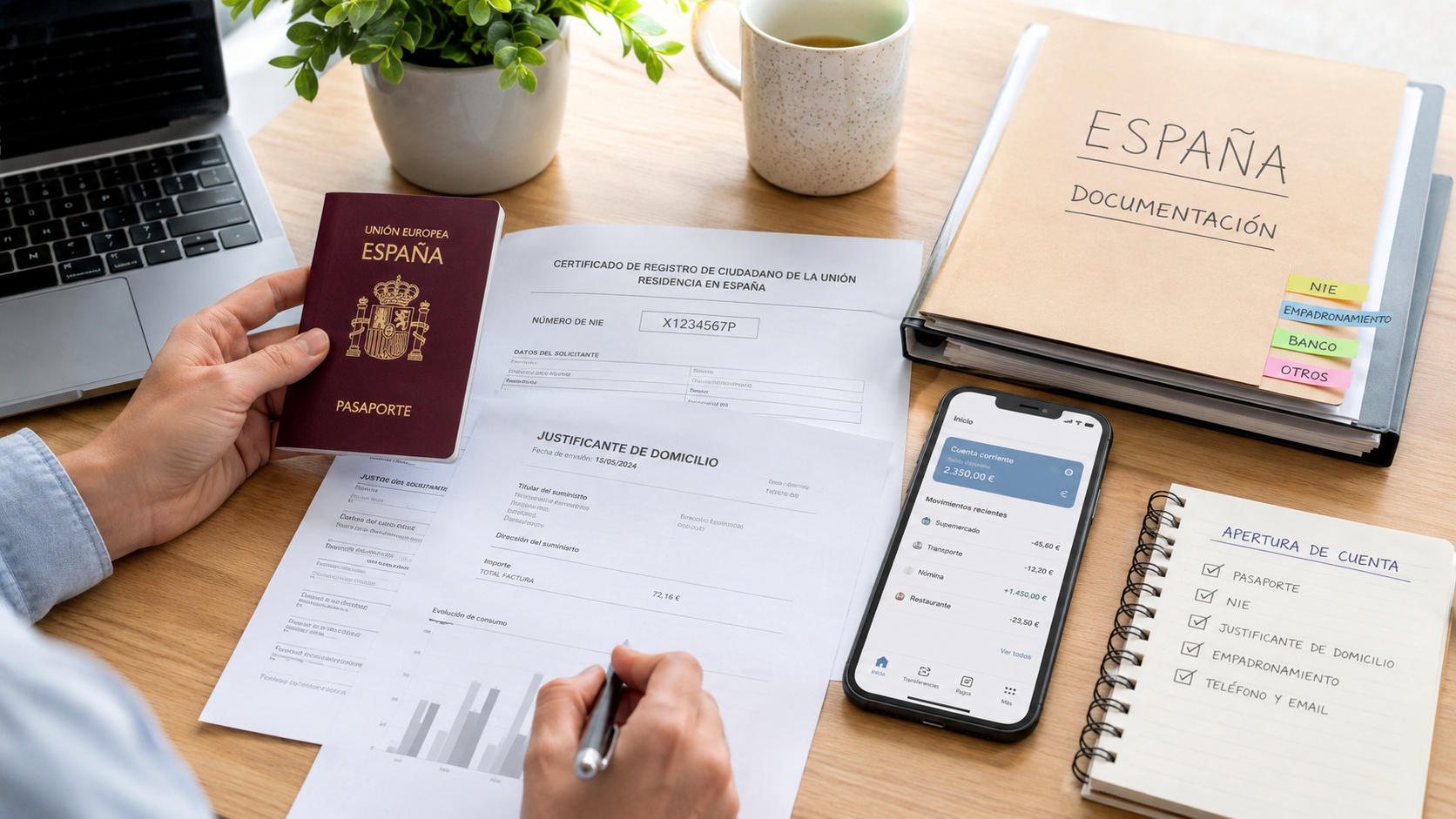 Unterlagen, Reisepass und Smartphone mit Banking-App auf einem Schreibtisch für die Kontoeröffnung in Spanien