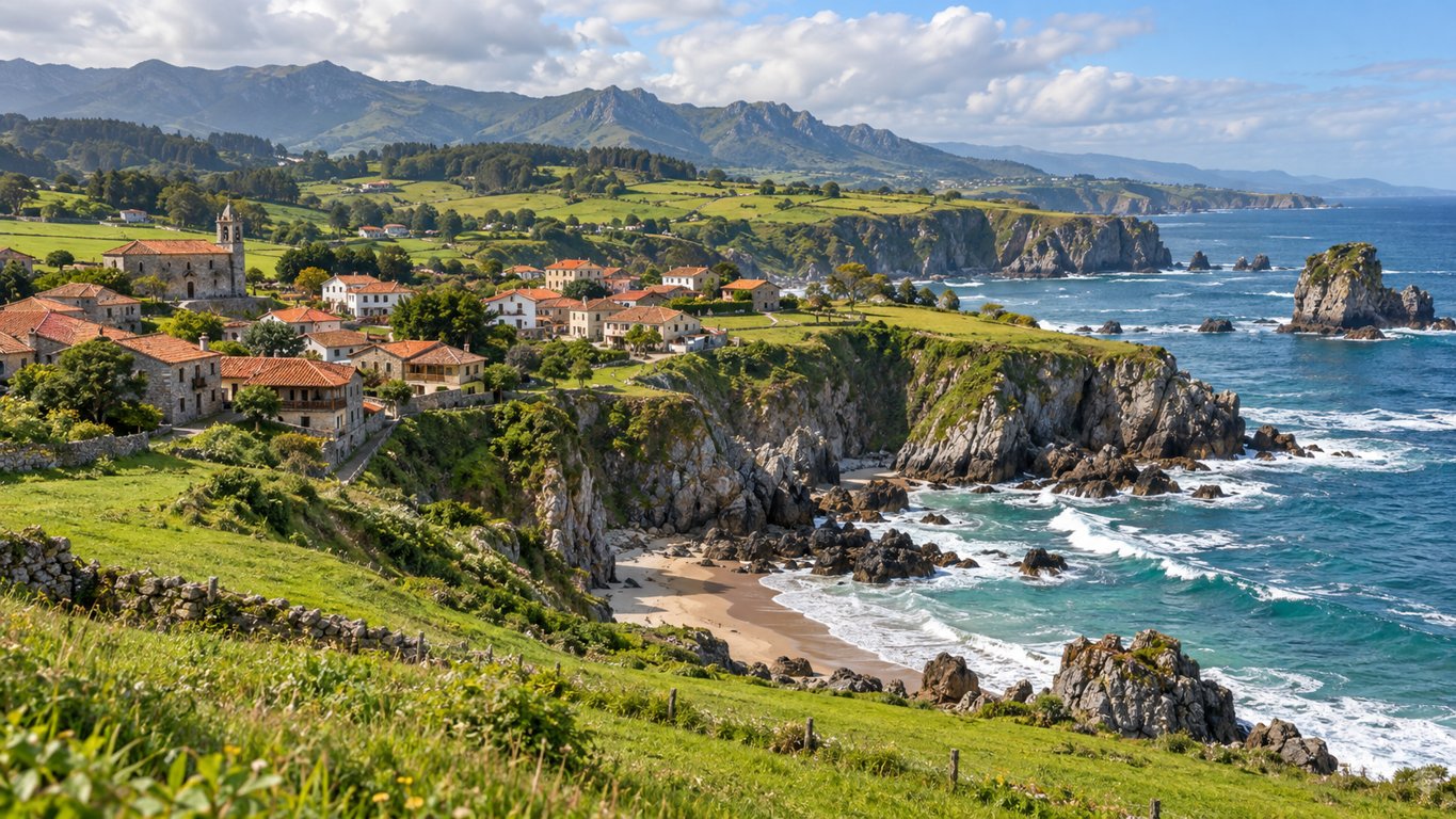 Regionale Landschaft für Nordspanien mit grünen Küstenklippen, Dorf, Kirche und Atlantikwellen