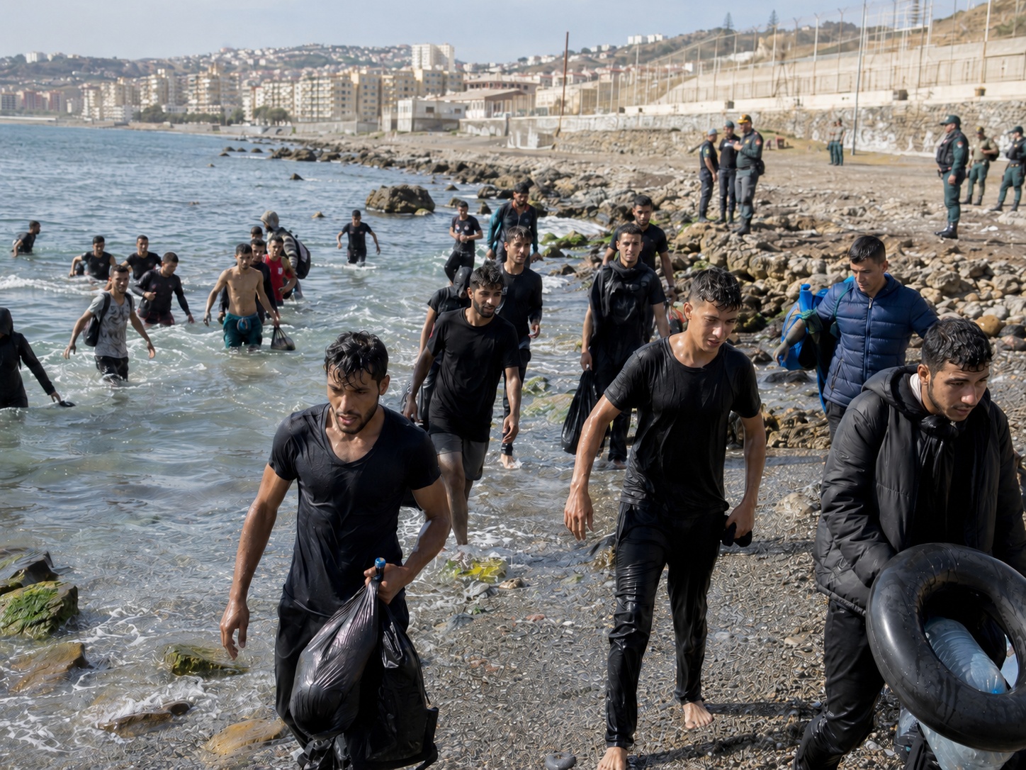Menschen erreichen die Küste von Ceuta an der Grenze zwischen Marokko und Spanien