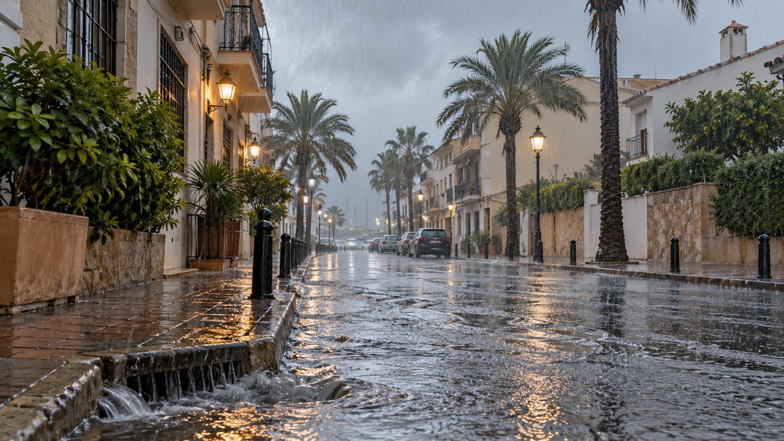 Regennasse Straße mit Palmen und stehendem Wasser