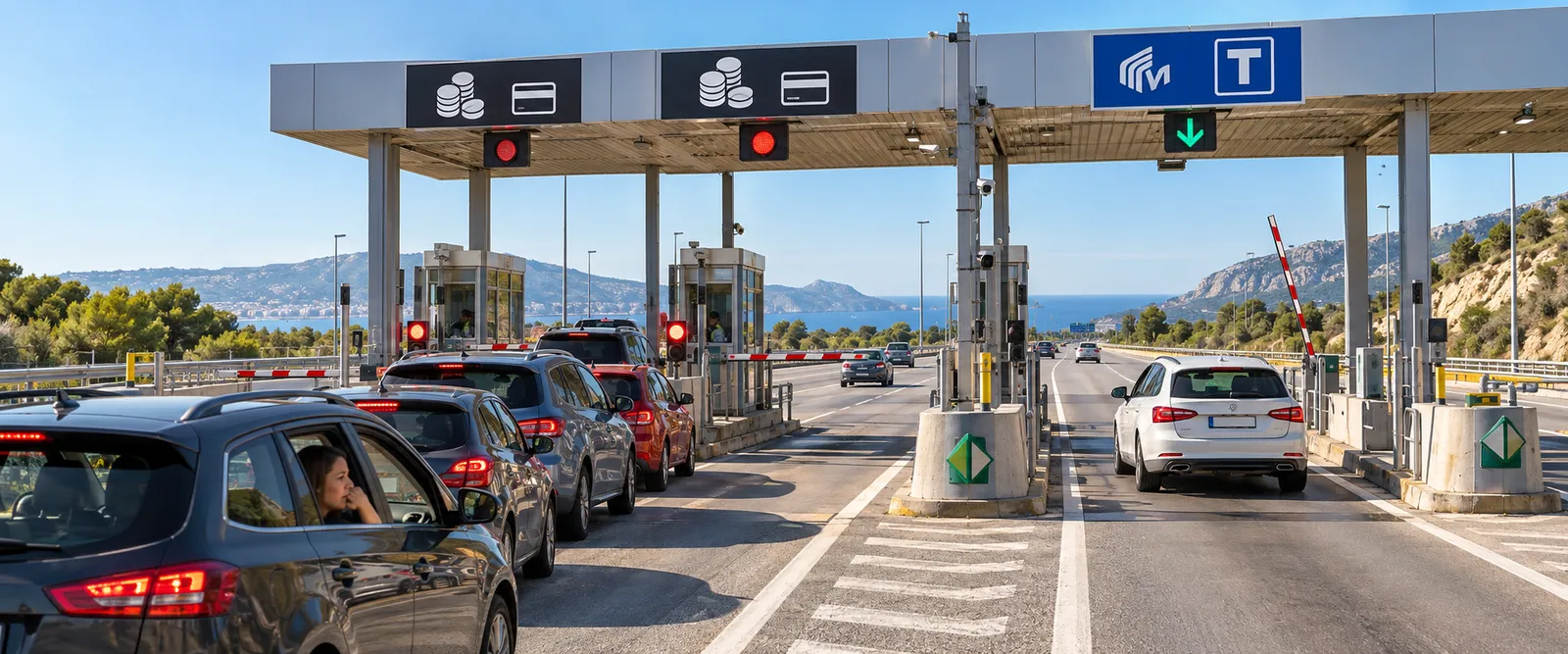 Mautstation in Spanien: links warten Autos an manuellen Zahlspuren, rechts fährt ein weißes Auto durch die freie elektronische VIA-T-Spur