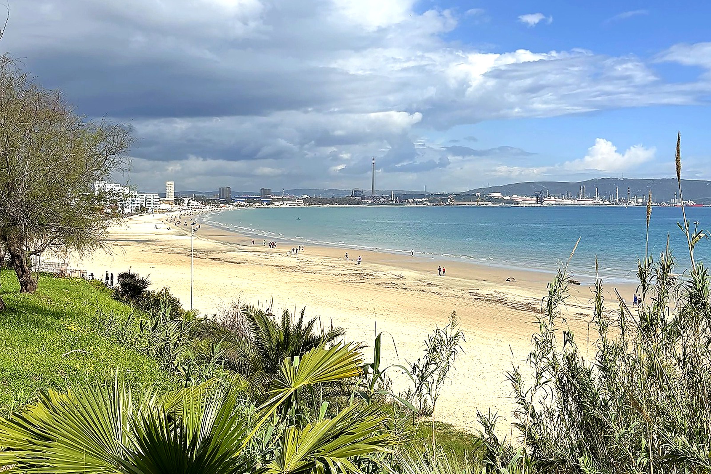 Panoramablick über den Playa El Rinconcillo mit Palmen, Promenade und der Bucht von Algeciras