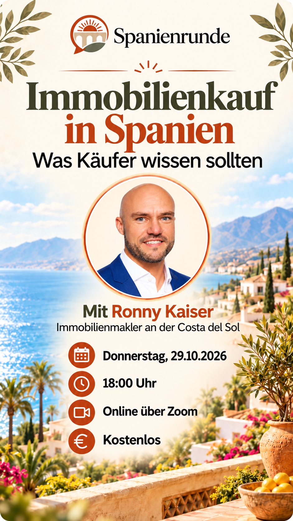 Spanienrunde zum Immobilienkauf in Spanien mit Ronny Kaiser am 29. Oktober 2026