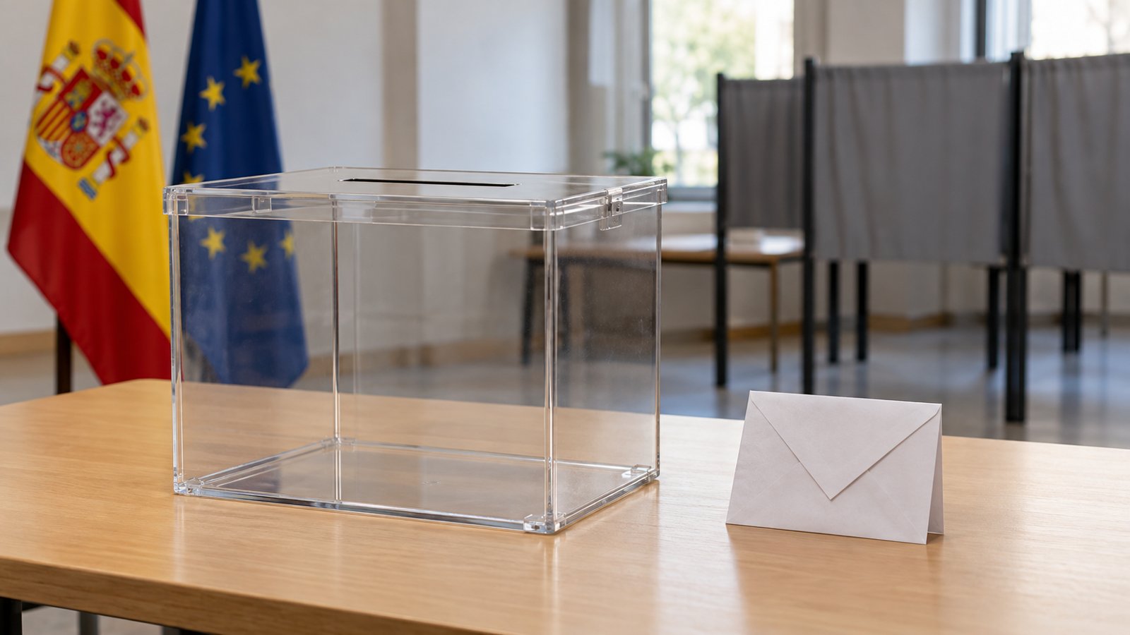 Transparente Wahlurne mit Umschlag vor spanischer und europäischer Flagge