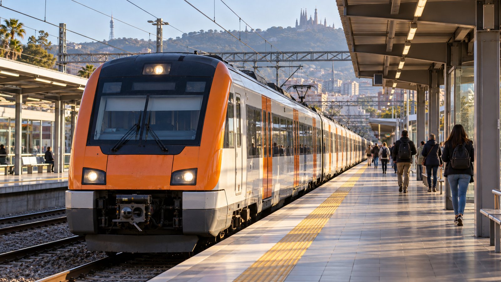 Orange-weißer Personenzug an einem Bahnsteig