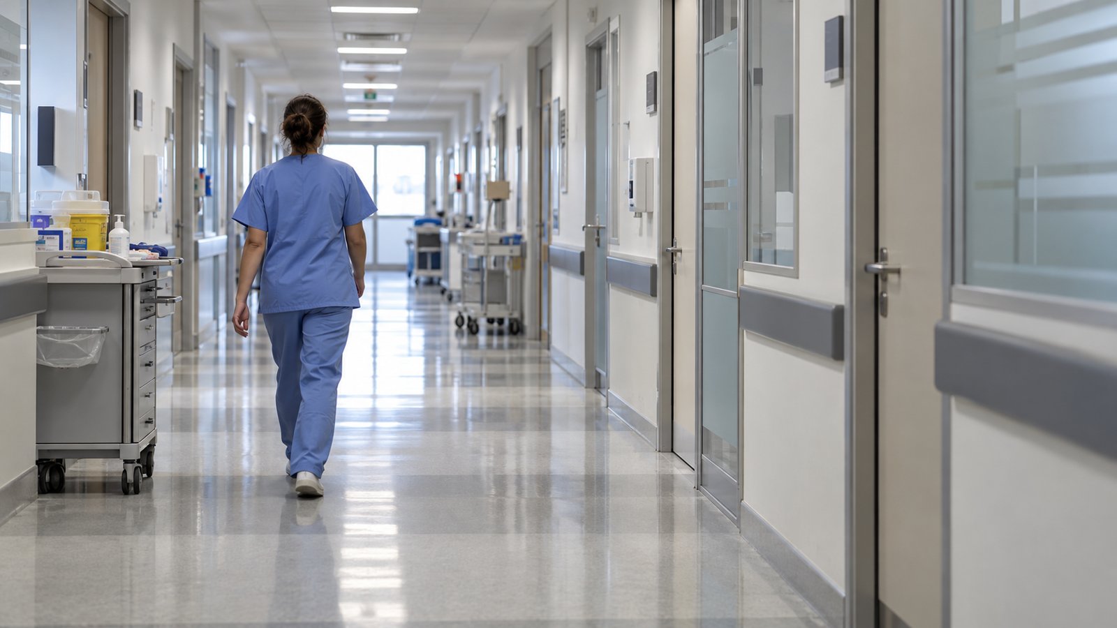 Person in blauer Arbeitskleidung in einem Krankenhausflur
