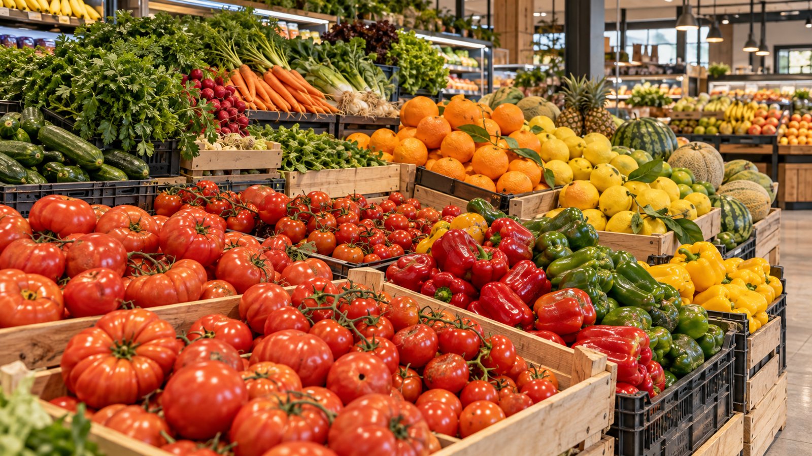 Obst und Gemüse in der Frischeabteilung eines Supermarkts
