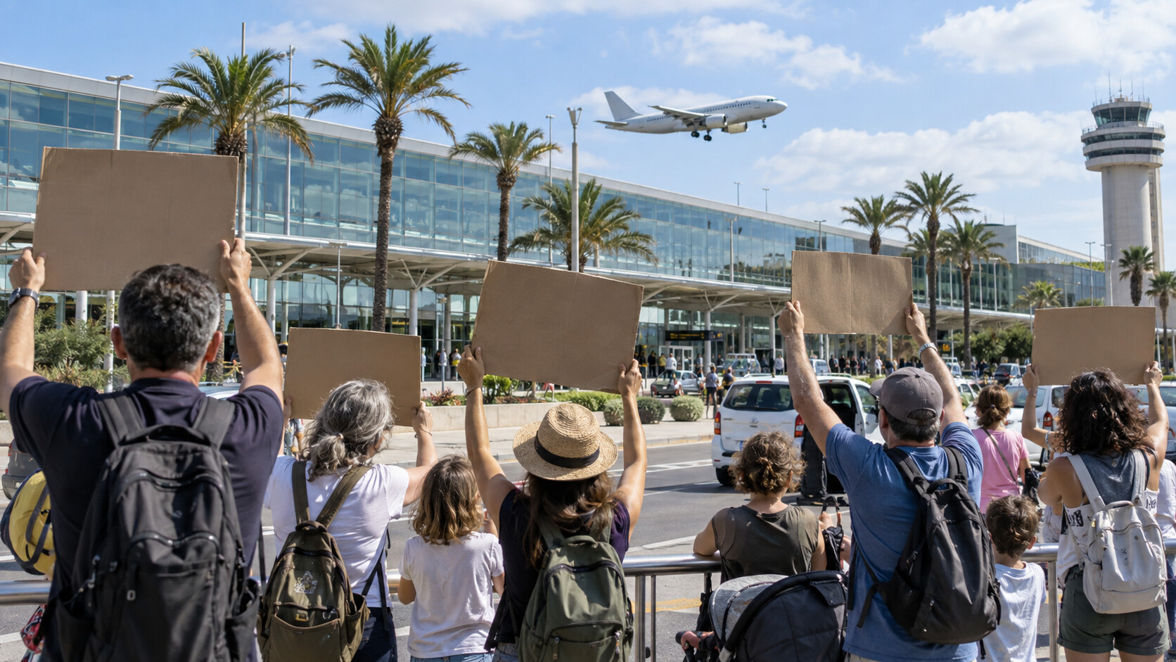 Friedliche Demonstranten mit Plakaten vor einem Flughafen auf den Balearen