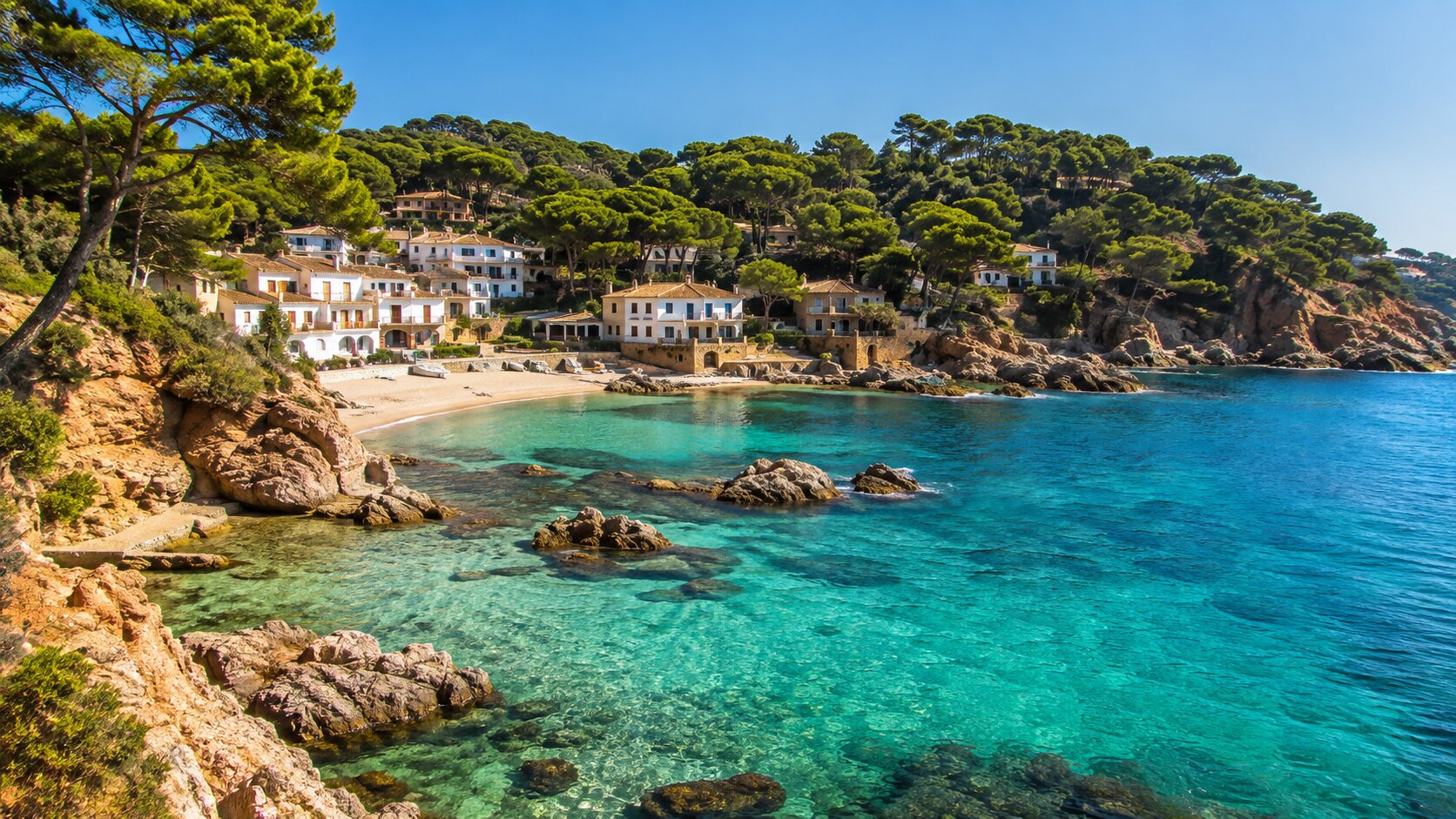 Bucht an der Costa Brava mit Kiefern und türkisfarbenem Wasser
