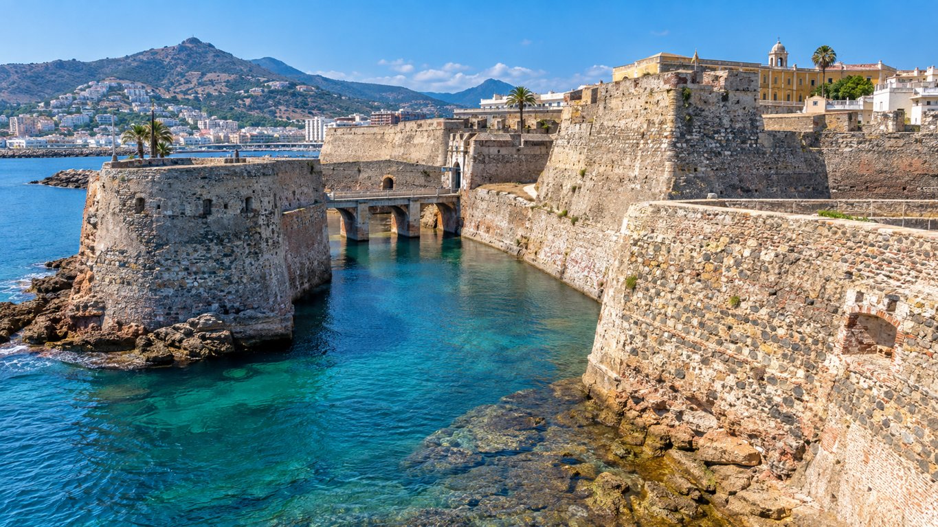 Regionale Küstenlandschaft für Ceuta mit Festungsmauern, blauem Wasser und Stadt im Hintergrund