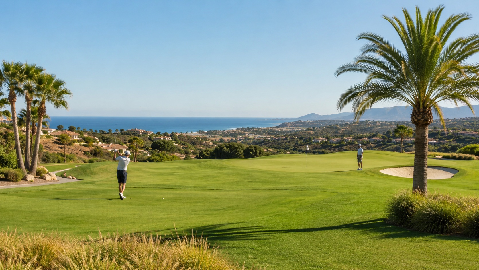 Golfer spielen auf einem sonnigen Golfplatz in Spanien mit Meerblick und Palmen