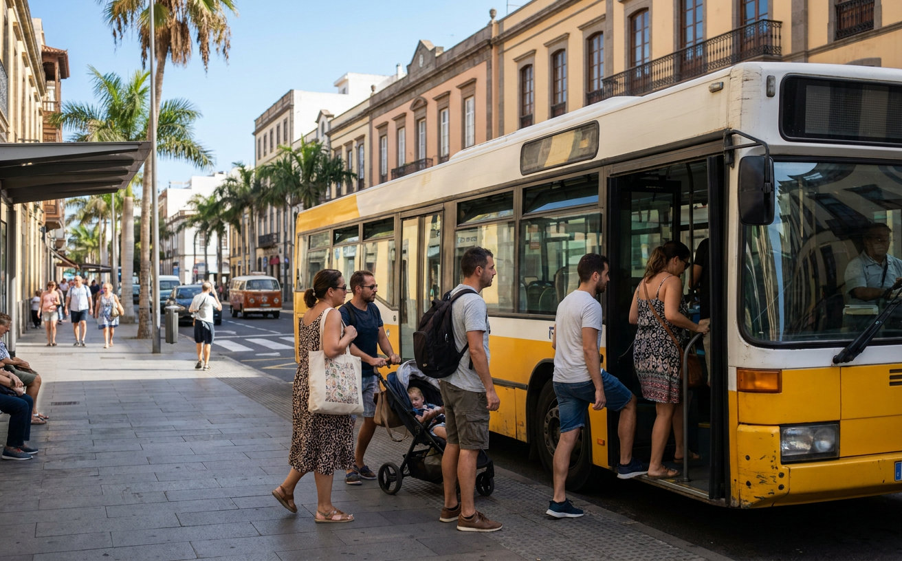 Fahrgäste steigen in Las Palmas de Gran Canaria in eine städtische Guagua ein.