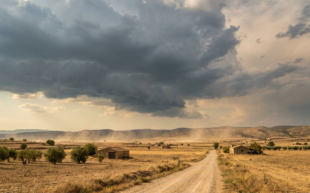 Dunkle Gewitterwolken über einer spanischen Landschaft bei großer Hitze
