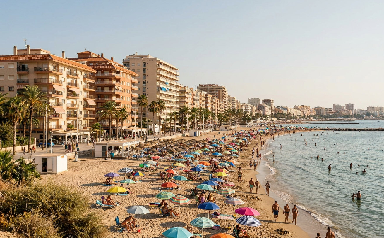 Gut besuchter Strand und Hotels an der Küste von Alicante während der Sommersaison