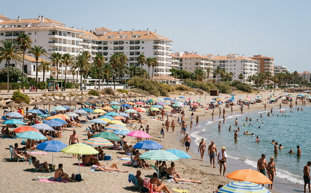 Gut besuchter Strand mit Hotels an der andalusischen Küste im Sommer