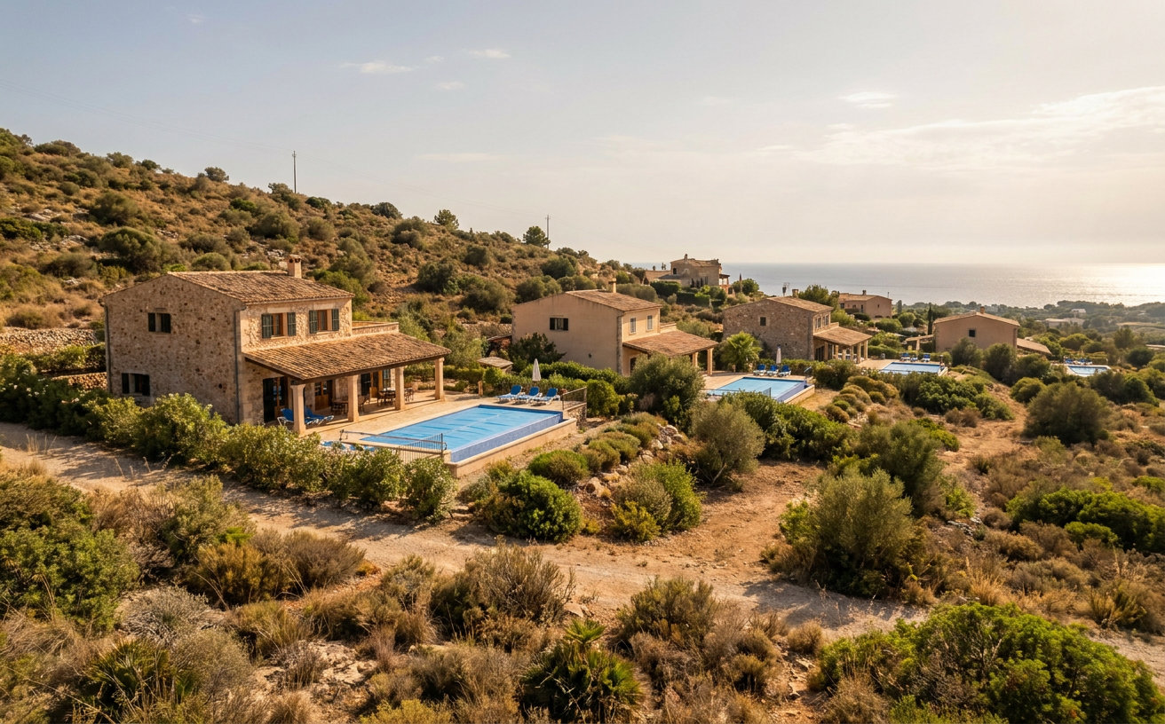 Ferienhäuser mit Pools in einer Küstenlandschaft auf den Balearen