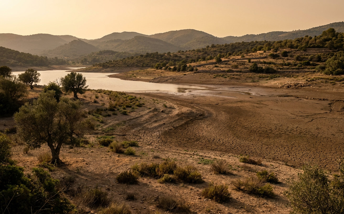 Trockene Landschaft und Wasserreservoir auf Mallorca als Symbol für belastete Grundwasservorräte