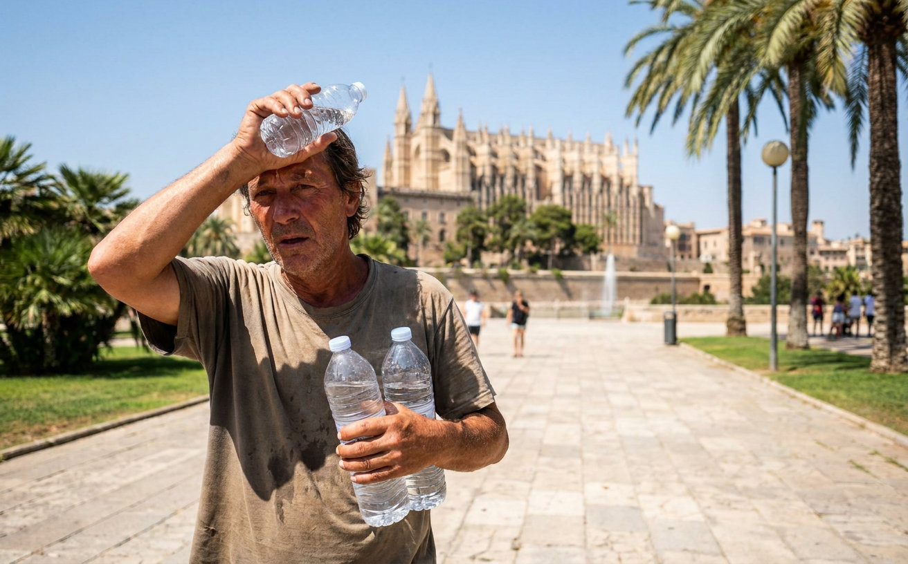Eine Person hält an einem heißen Sommertag im Parc de la Mar in Palma zwei Wasserflaschen hoch.