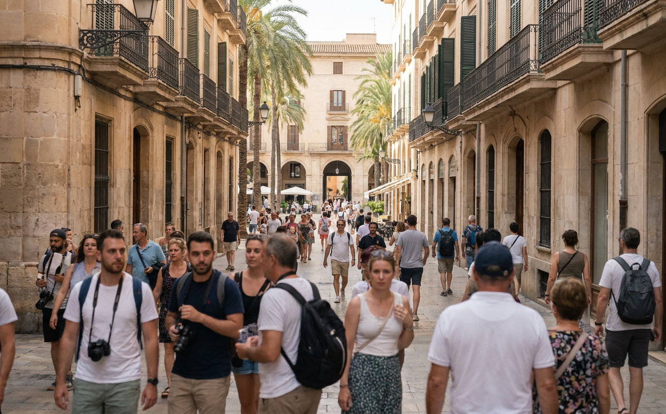 Urlauber gehen bei sommerlichem Wetter durch die Innenstadt von Palma auf Mallorca.