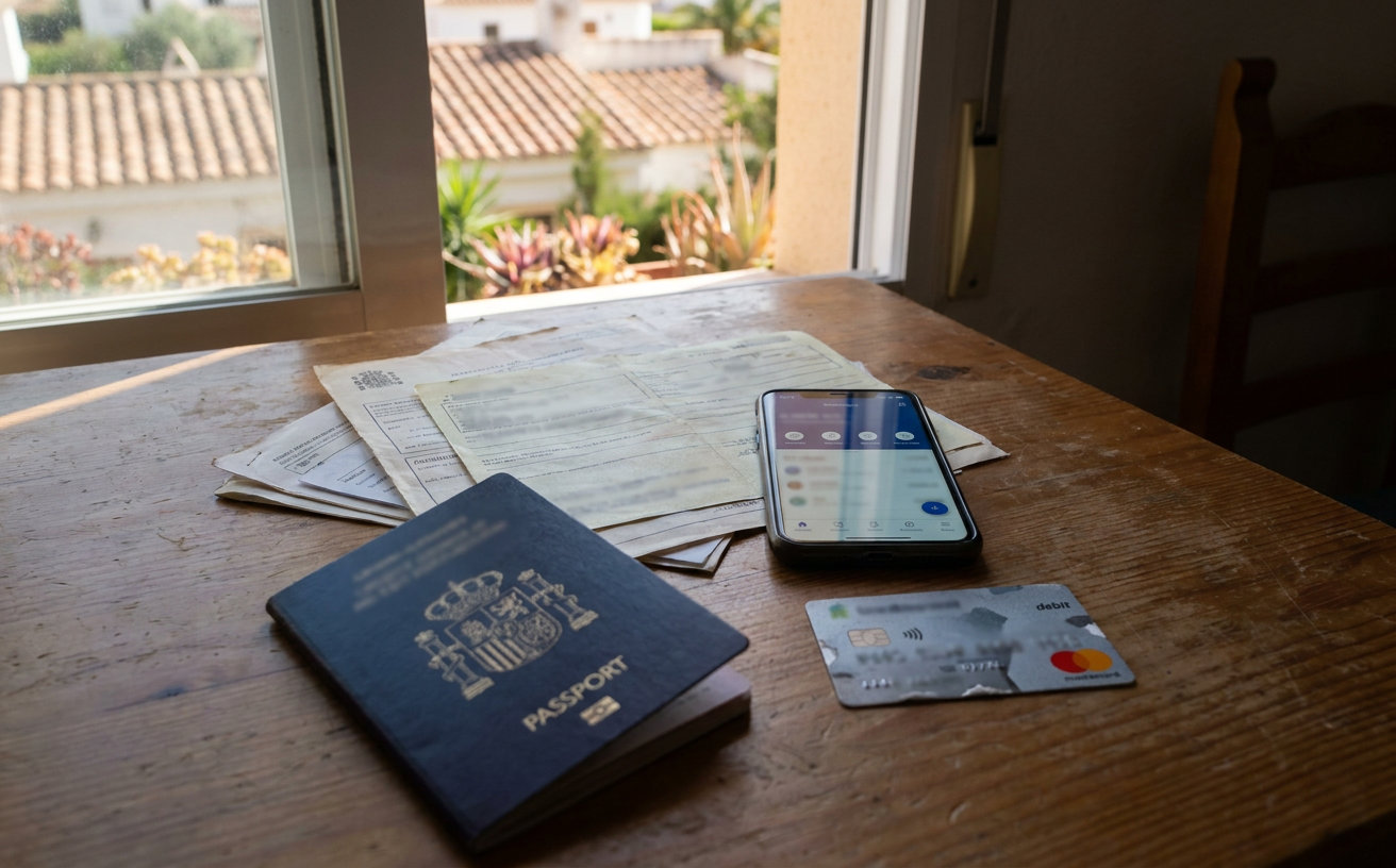 Reisepass, spanische Aufenthaltsdokumente und Bankkarte auf einem Tisch