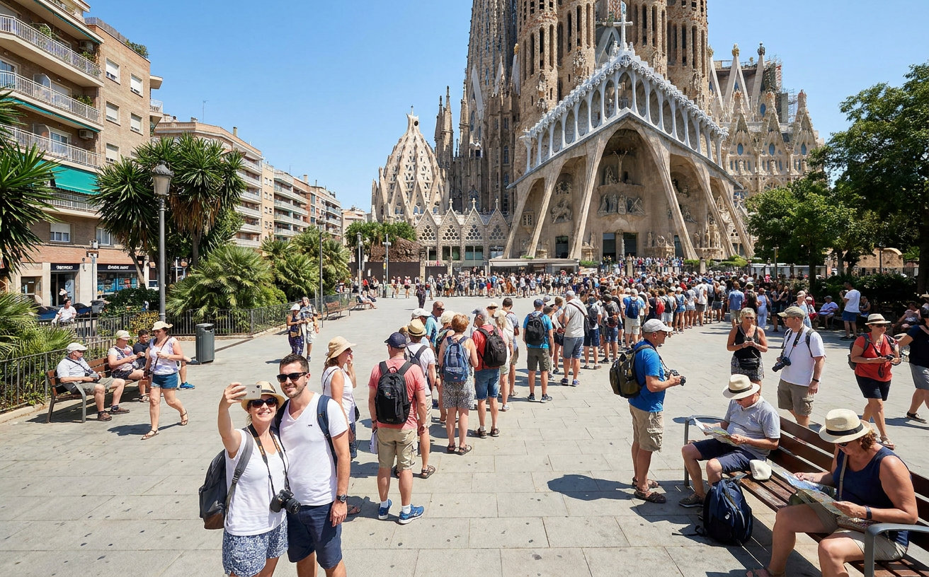 Touristen vor der Sagrada Família in Barcelona an einem sonnigen Sommertag