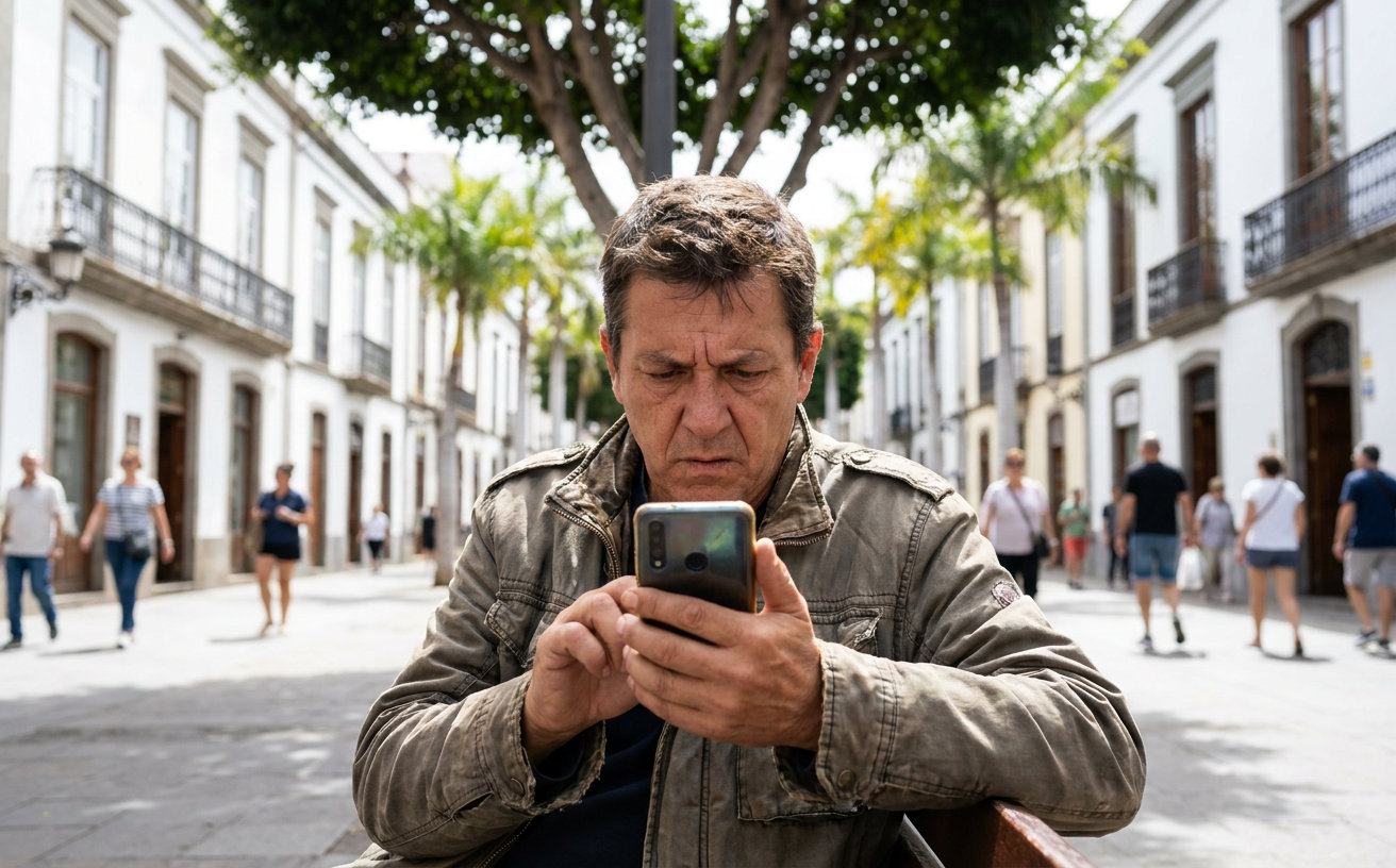 Eine Person prüft auf Gran Canaria eine verdächtige SMS der spanischen Sozialversicherung auf dem Smartphone
