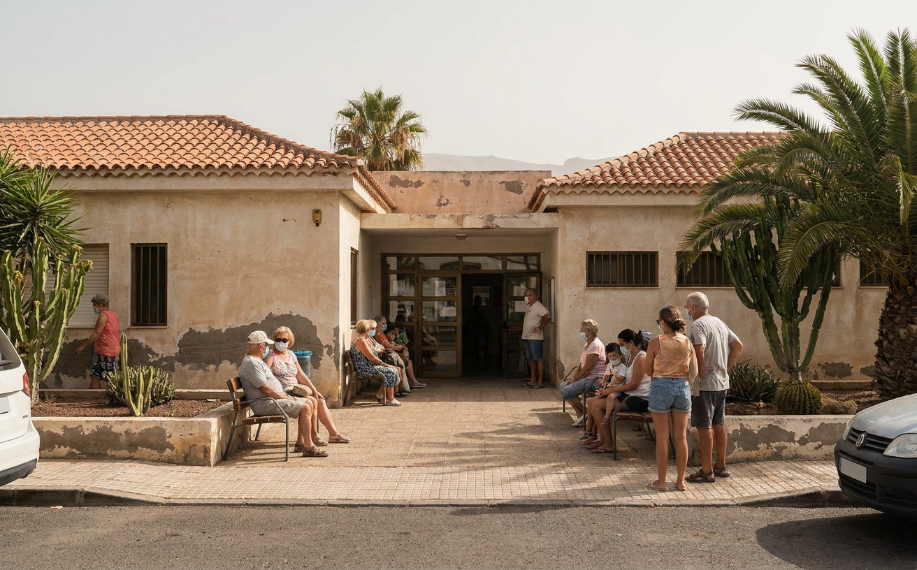 Eingang eines öffentlichen Gesundheitszentrums auf Gran Canaria mit wartenden Patienten
