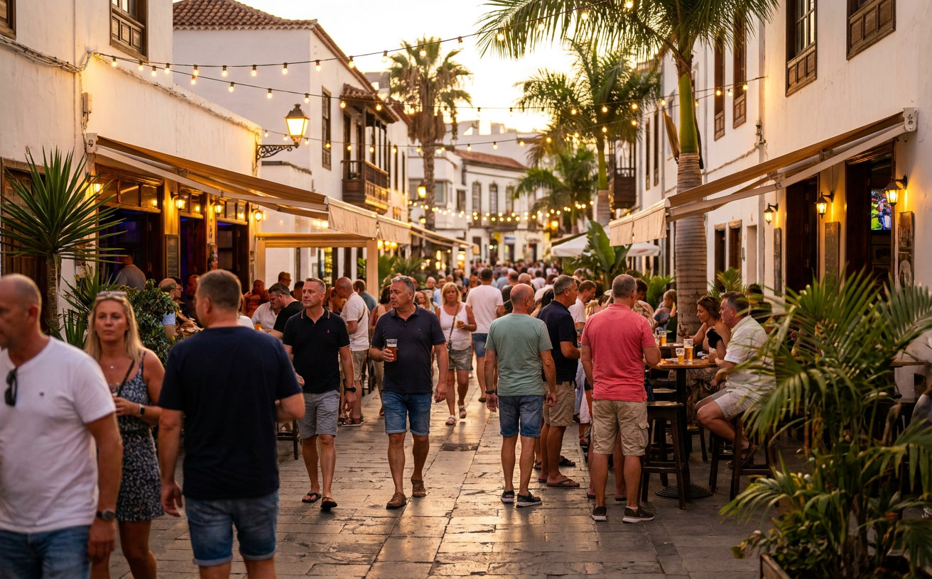 Belebte Straße mit Bars und Urlaubern im Süden Teneriffas am Abend