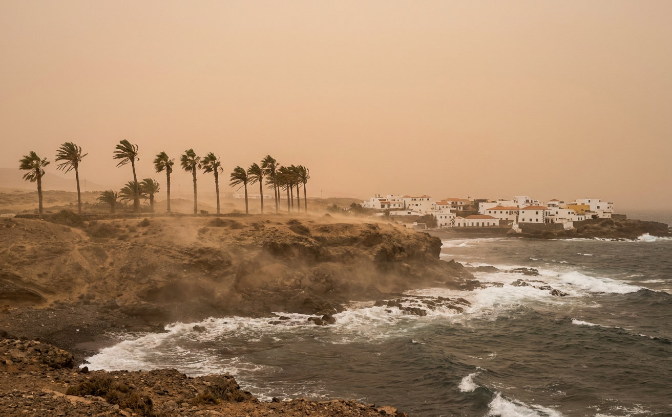 Staubiger Himmel und vom Wind bewegte Palmen an der Küste von Gran Canaria