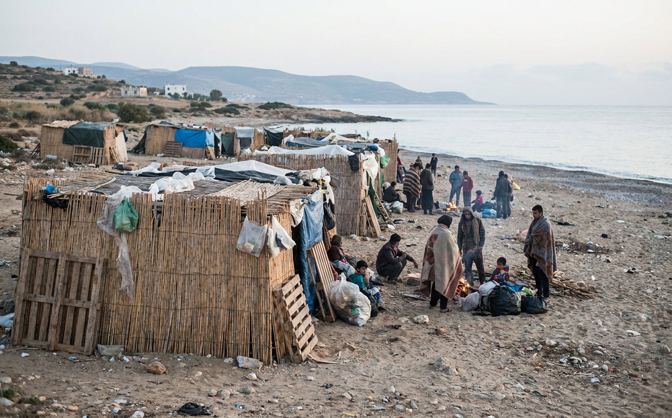 Provisorische Hütten von Migranten am Strand von Trampolín in Ceuta