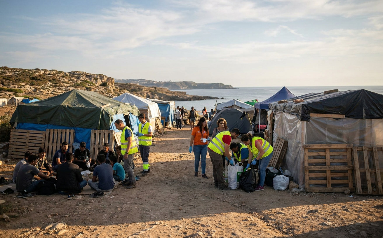 Provisorisches Lager von Migranten an einem Strand in Ceuta mit einfachen Unterkünften