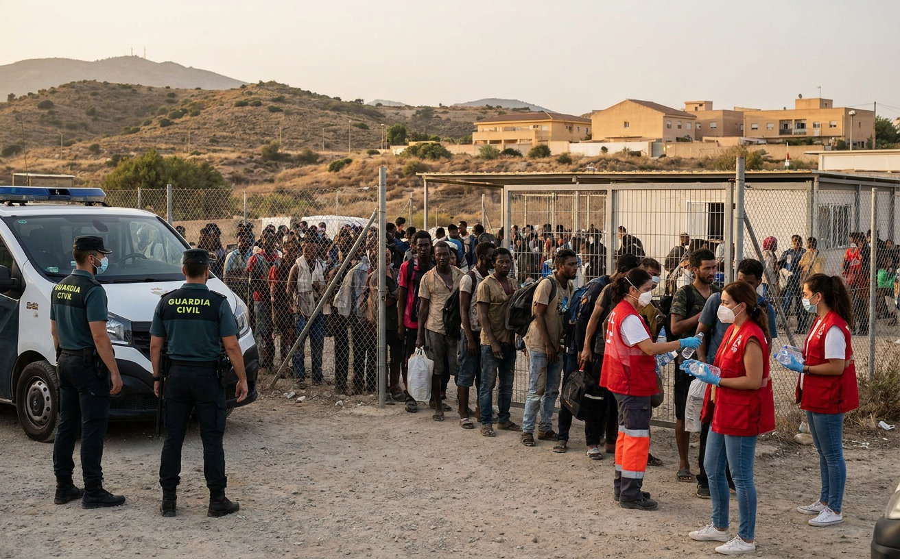 Migranten warten in Ceuta vor einer provisorischen Unterkunft auf Registrierung und humanitäre Versorgung.