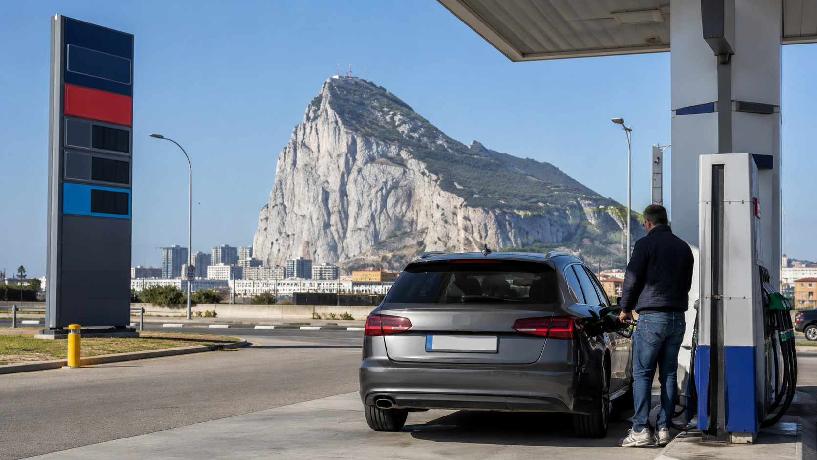 Autofahrer tankt an einer Tankstelle mit dem Felsen von Gibraltar im Hintergrund