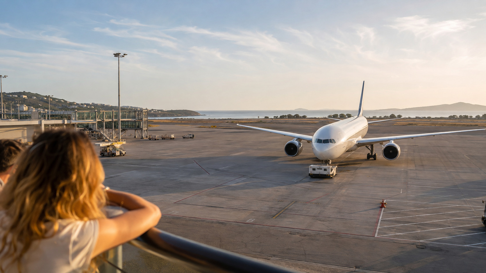 Passagierflugzeug auf dem Flughafen von Ibiza mit dem Mittelmeer im Hintergrund