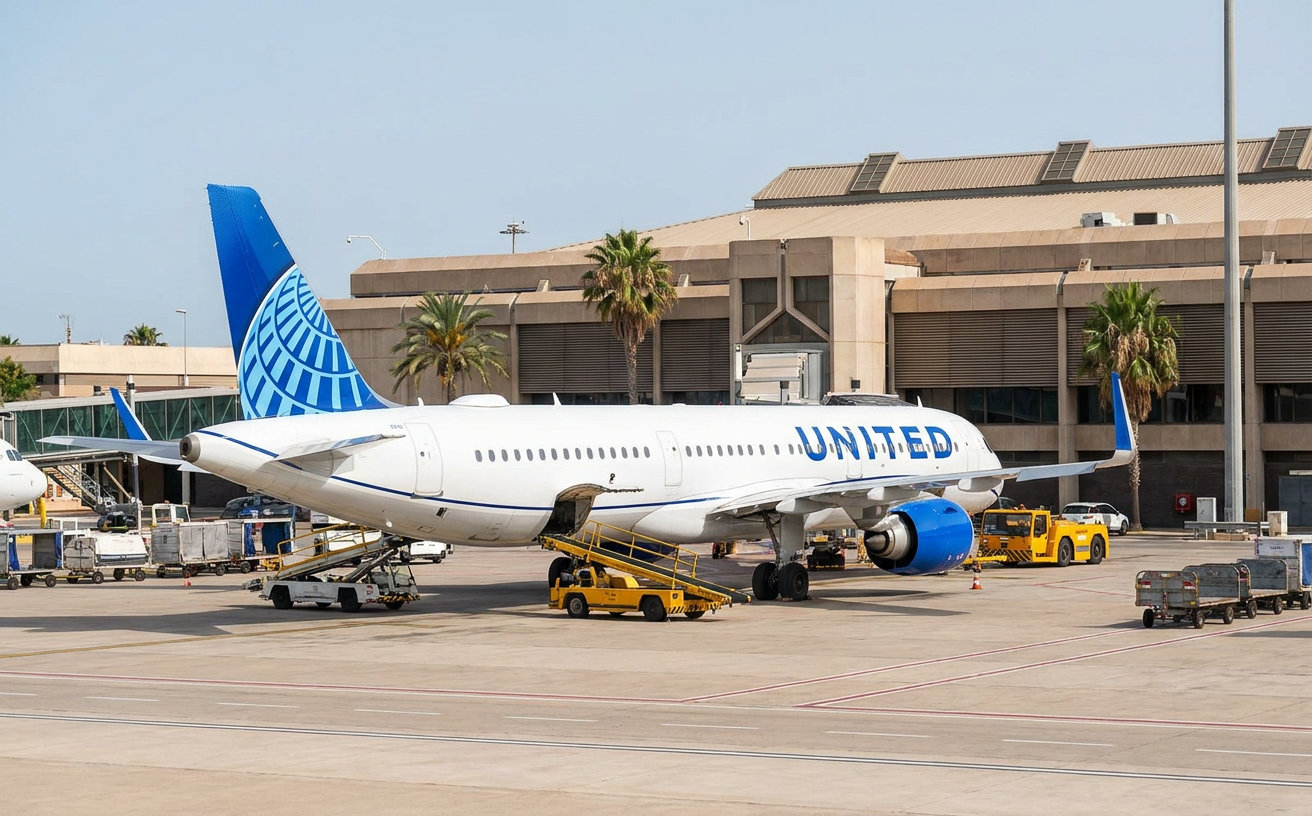 Flugzeug von United Airlines auf dem Rollfeld eines spanischen Flughafens
