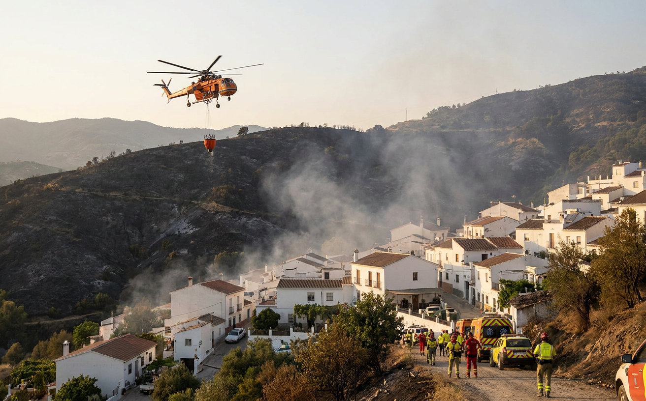 Löschhubschrauber über einem Waldbrandgebiet in der hügeligen Landschaft der Provinz Málaga