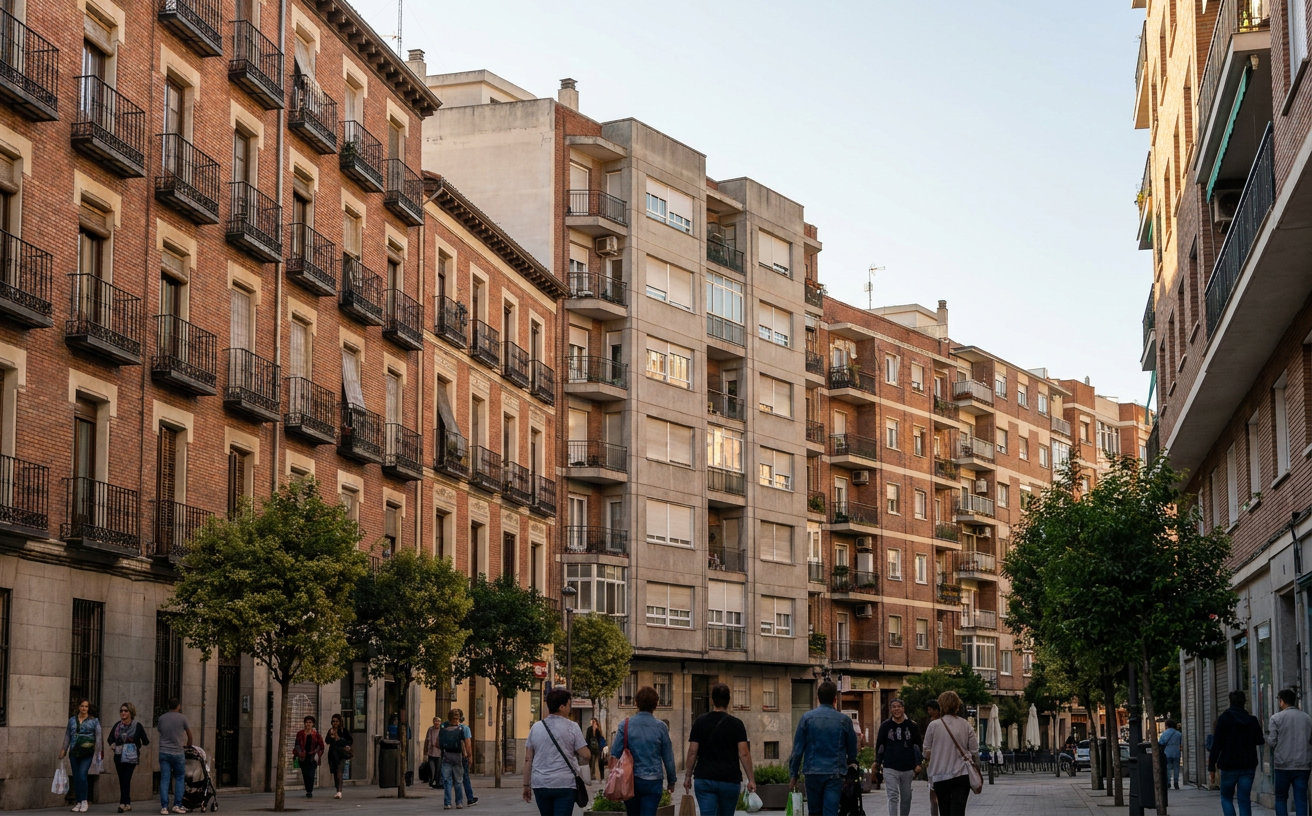 Mehrstöckige Wohnhäuser in Madrid als Symbol für die hohen Immobilienpreise in Spanien