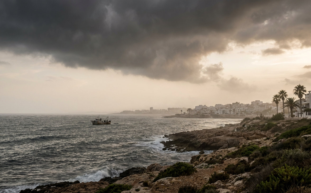 Dunkle Gewitterwolken über dem ungewöhnlich warmen Mittelmeer vor der spanischen Küste