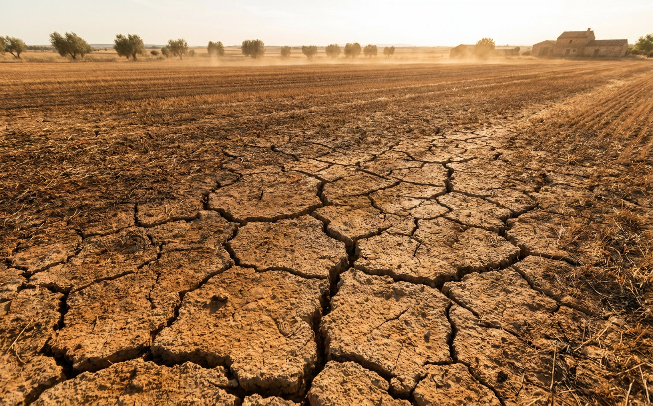 Ausgetrocknete Landschaft in Spanien während einer sommerlichen Hitzewelle