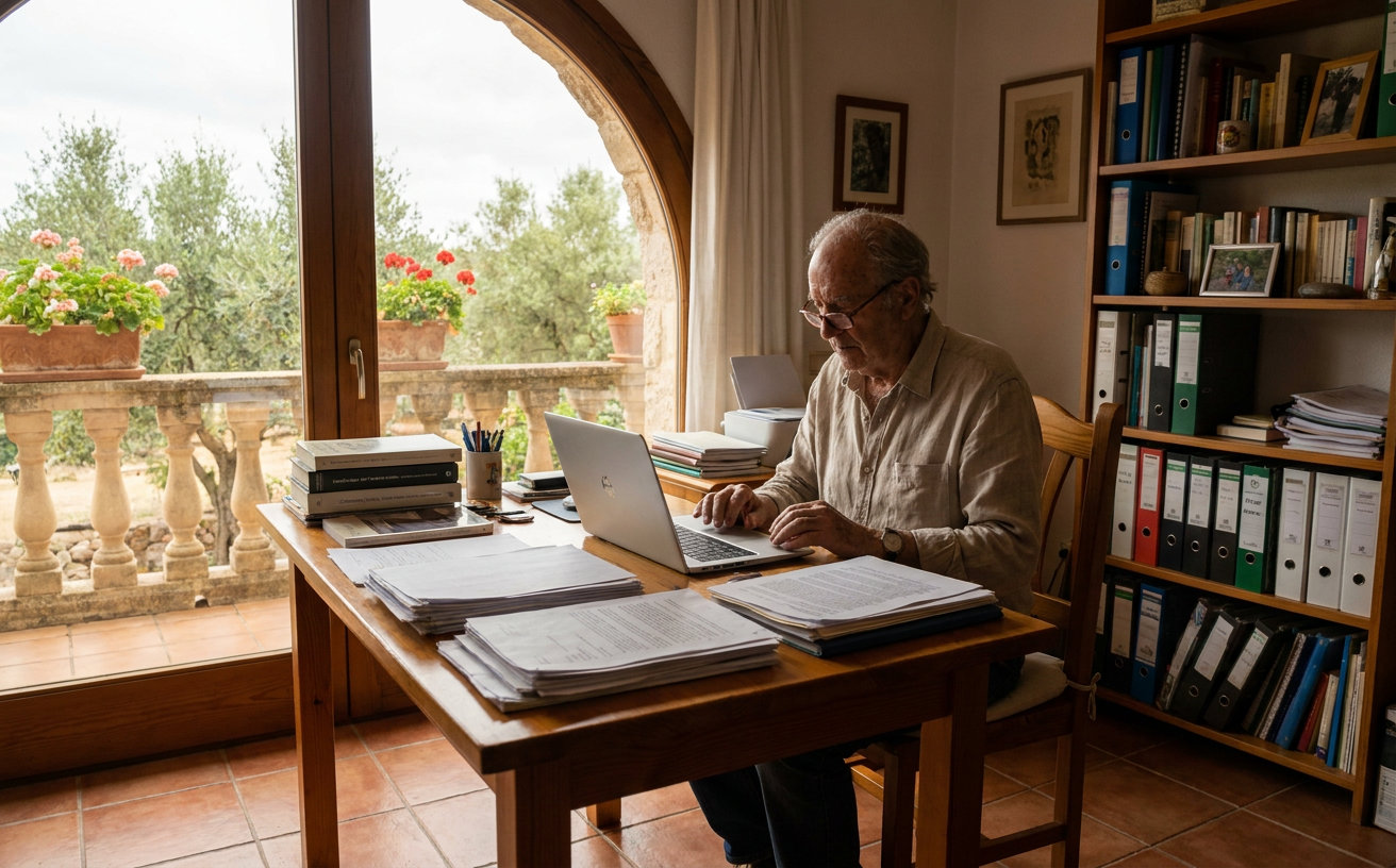Älterer Selbstständiger arbeitet in Spanien an einem Schreibtisch mit Laptop und Unterlagen