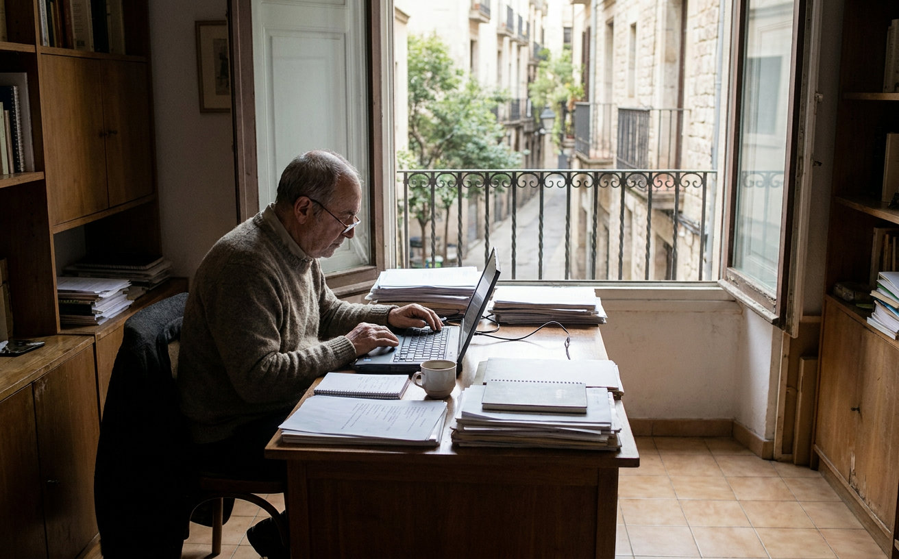 Älterer Selbstständiger arbeitet an einem Schreibtisch in einem Büro in Barcelona
