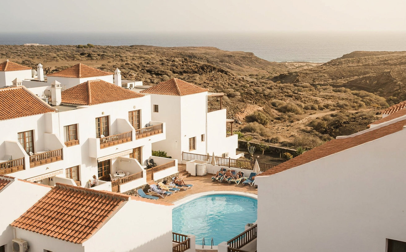 Ferienanlage mit Apartments und Pool in einer Küstenlandschaft auf Fuerteventura