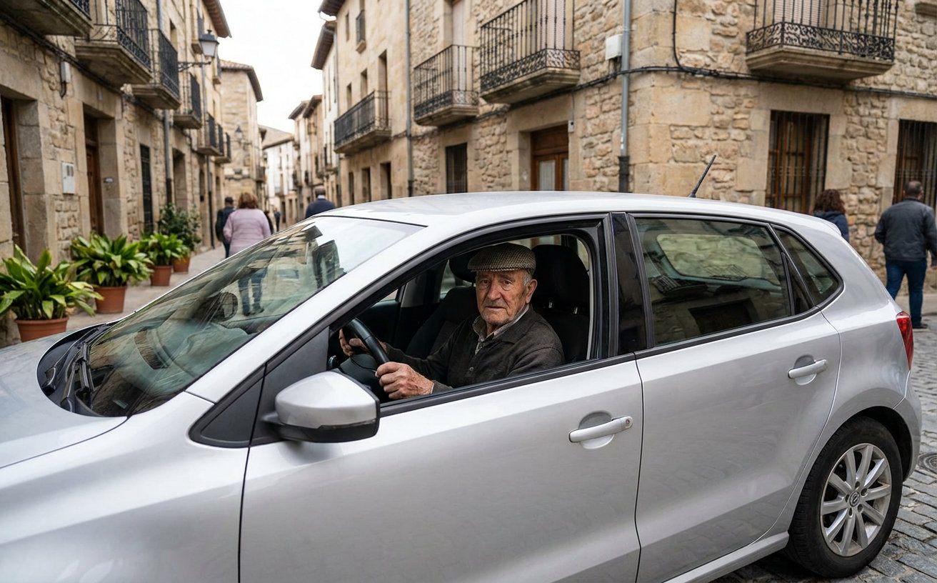 Älterer Autofahrer sitzt am Steuer eines geparkten Wagens in Spanien