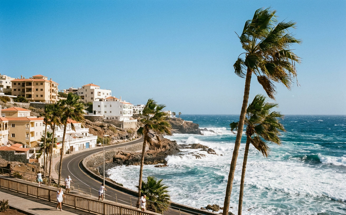 Sonnige Küste von Gran Canaria mit vom starken Wind bewegten Palmen und aufgewühltem Atlantik