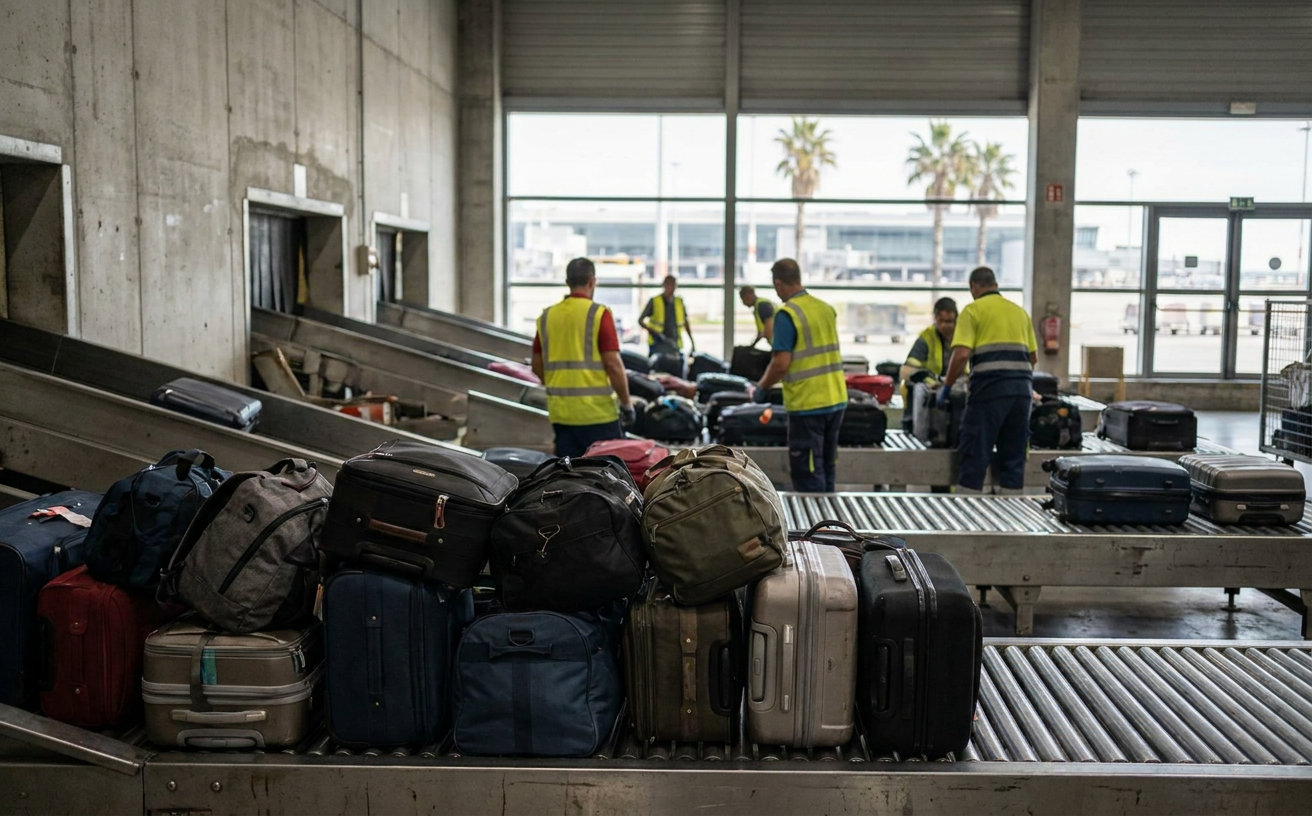 Gepäckstücke im Abfertigungsbereich des Flughafens Barcelona-El Prat während des Groundforce-Streiks