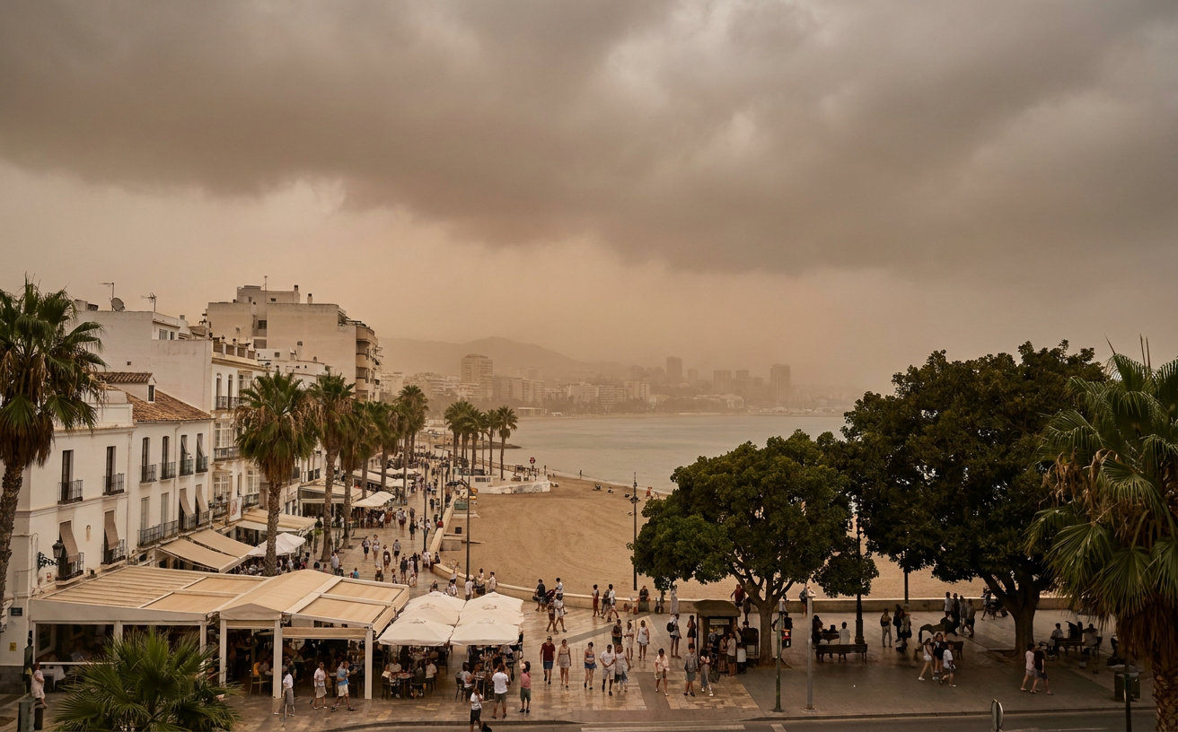 Dunstiger Blick über Málaga bei großer Hitze, tiefen Wolken und Saharastaub in der Luft
