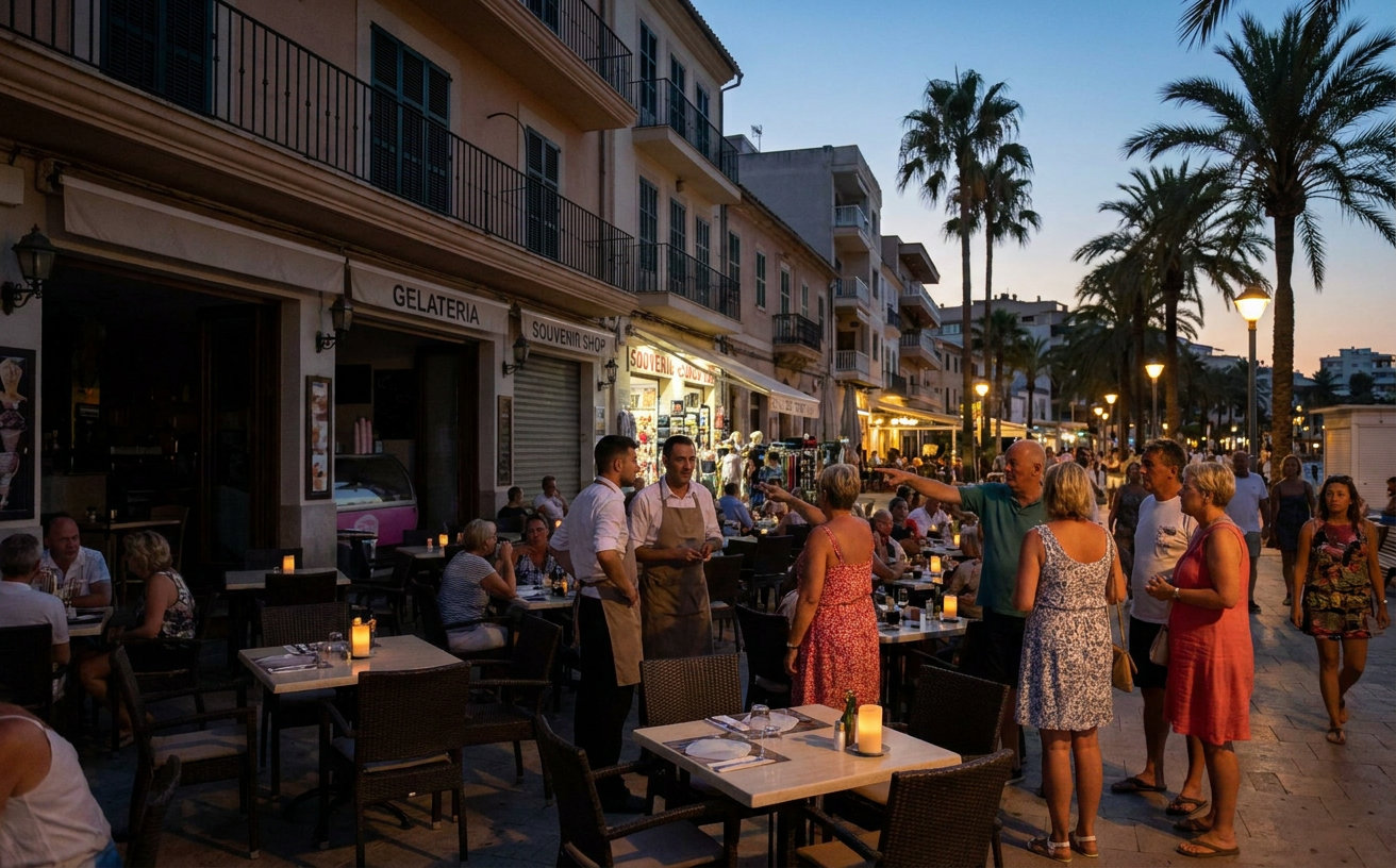 Gäste sitzen während der sommerlichen Hochsaison auf der Terrasse eines Restaurants in Palma.