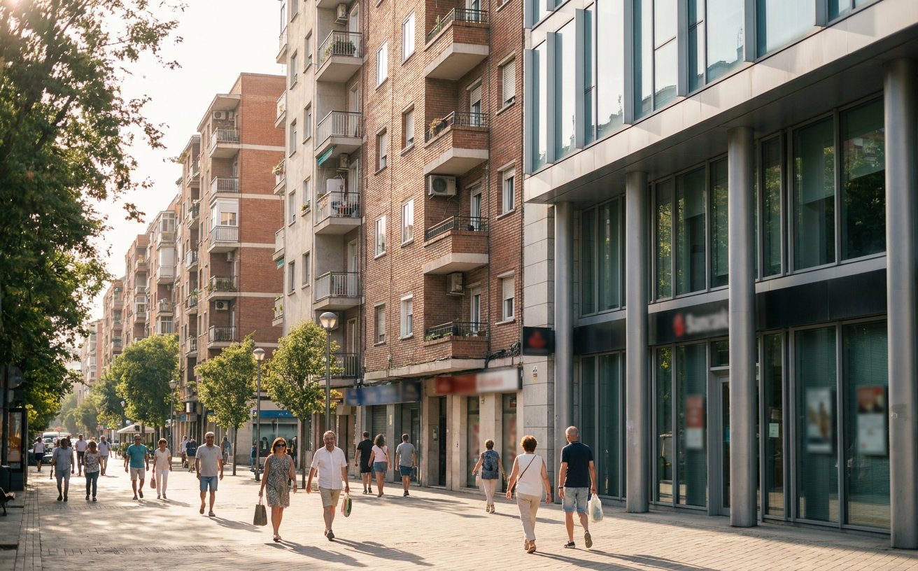 Wohnhäuser und Bankfiliale in Spanien als Symbol für höhere Zinsen und steigende Hypothekenkosten