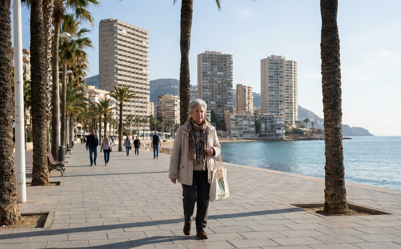 Seniorin an der Strandpromenade von Benidorm mit Hochhäusern und Mittelmeer im Hintergrund